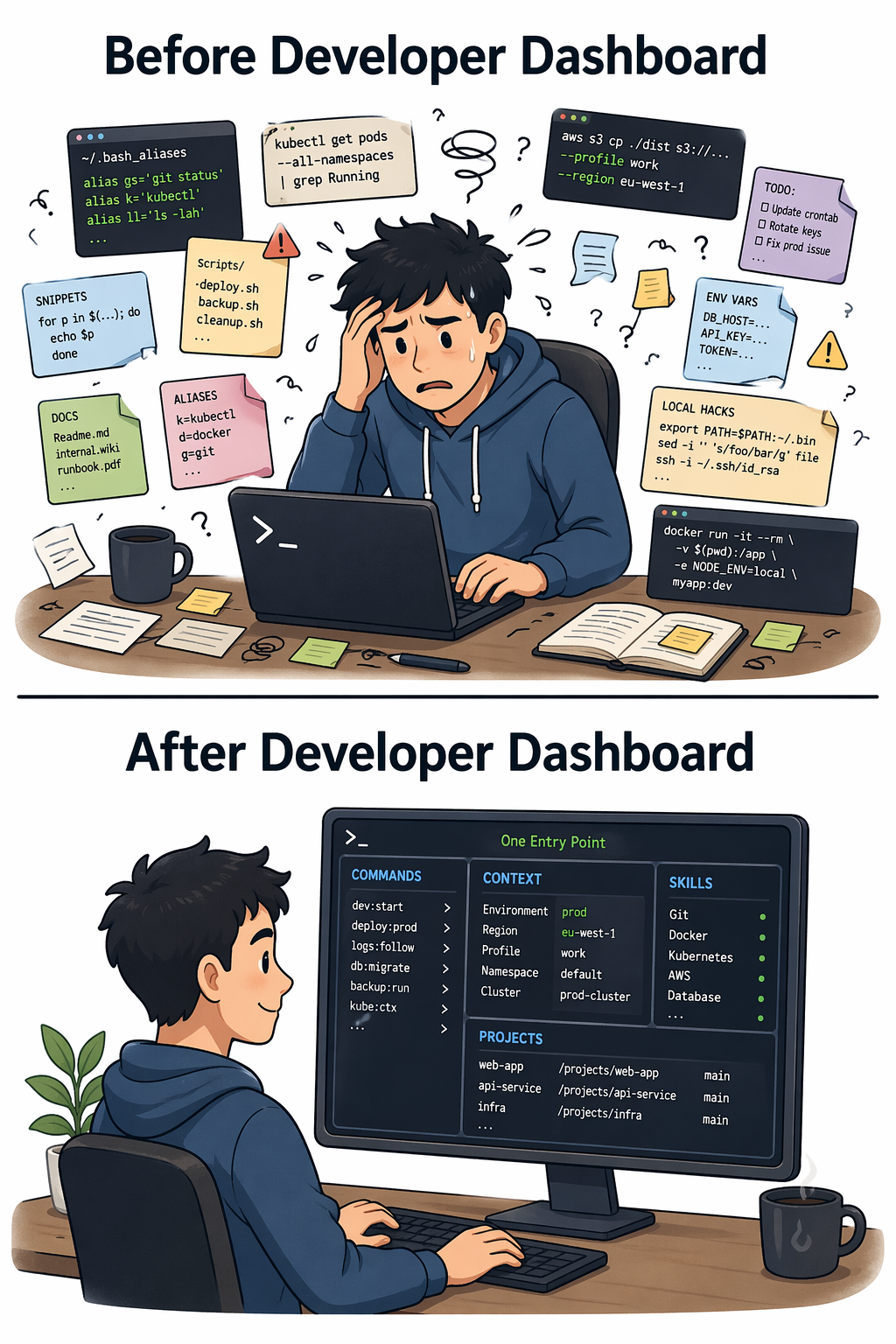 Before Developer Dashboard and After Developer Dashboard workflow comparison