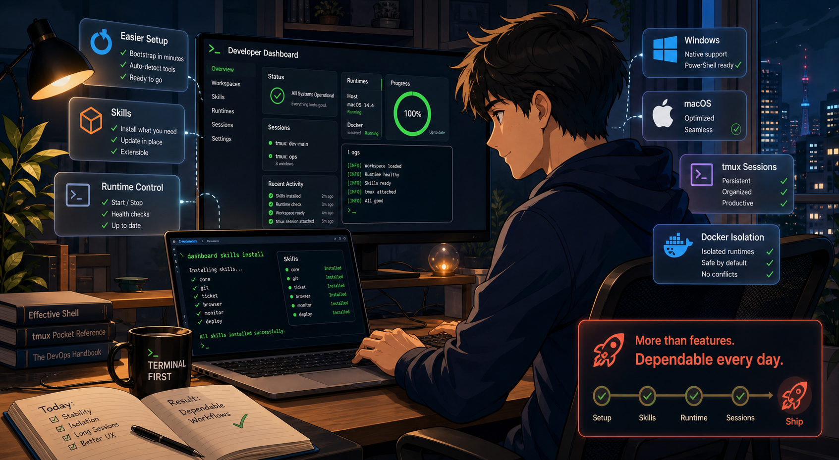 Japanese cartoon style illustration of a terminal-first developer using Developer Dashboard across layered runtimes skill installs and isolated host and container workflows